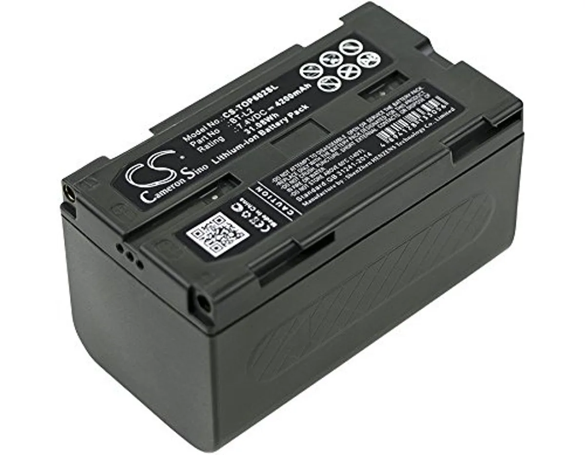 Rectangular lithium-ion battery pack, dark plastic casing, two-pin connector visible