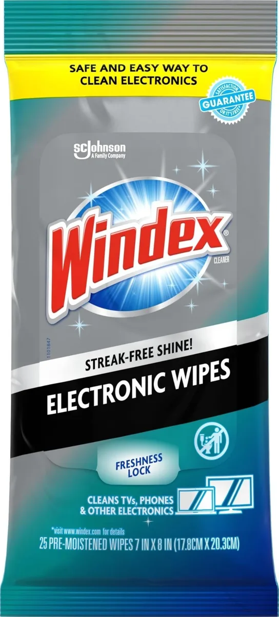 White rectangular resealable pack of Windex electronics cleaning wipes