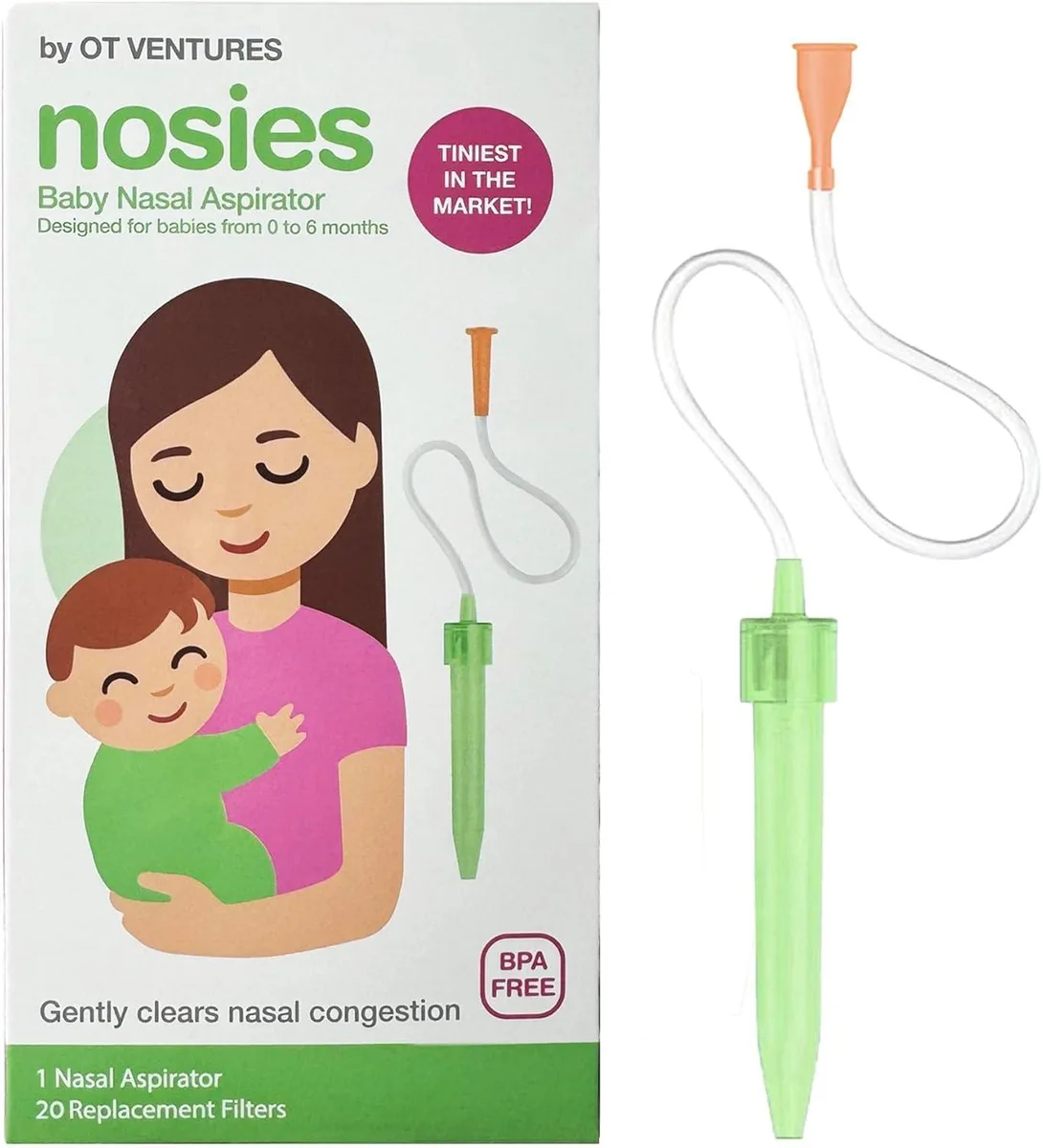Green nasal aspirator with 20 hygiene filters in storage case