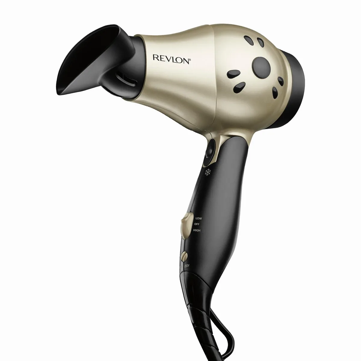 Compact folding hair dryer in gold and black finish