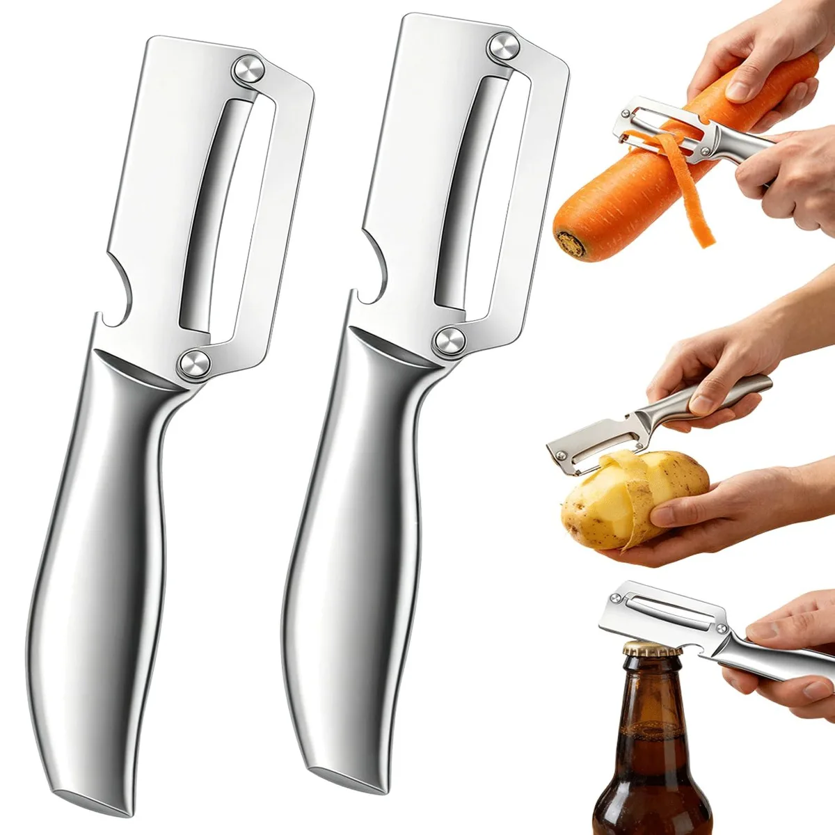 Two stainless steel vegetable peelers with silver blades and ergonomic handles