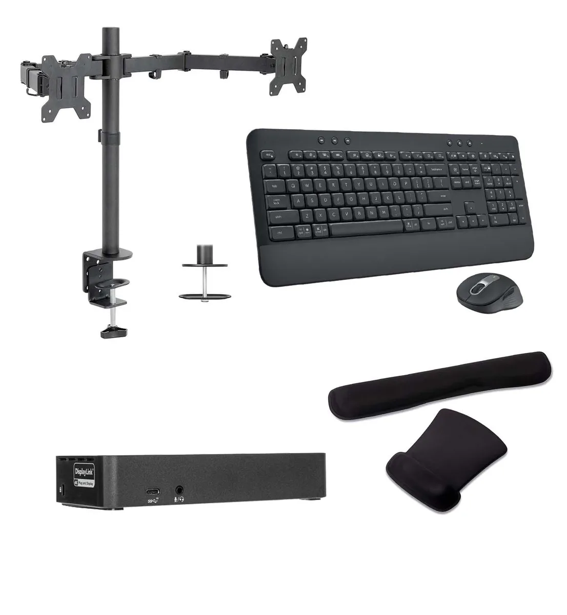 Targus Targus USB-C Dual 4K 100W Dock Bundle with Desk Mount, MK650 Keyboard &amp; Mouse, Gel Wrist Pad — product photo