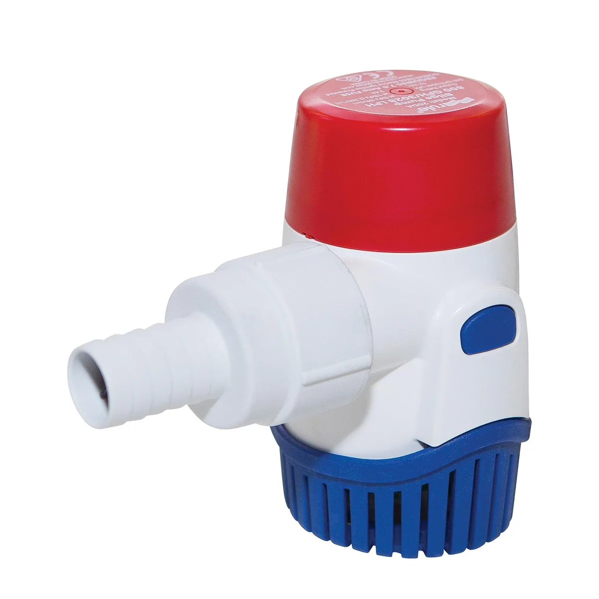 Compact white cylindrical 12V bilge pump with stainless shaft and built-in thermal protection