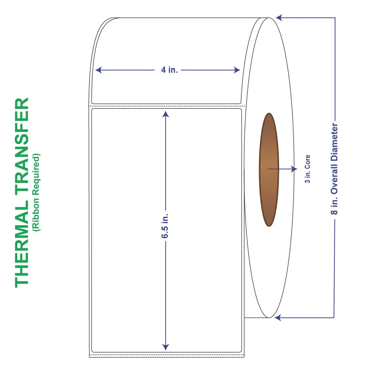 Four rolls of white perforated thermal transfer labels in a carton