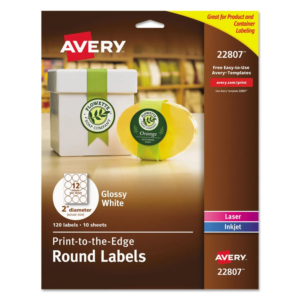 Glossy white round label sheets in a rectangular pack