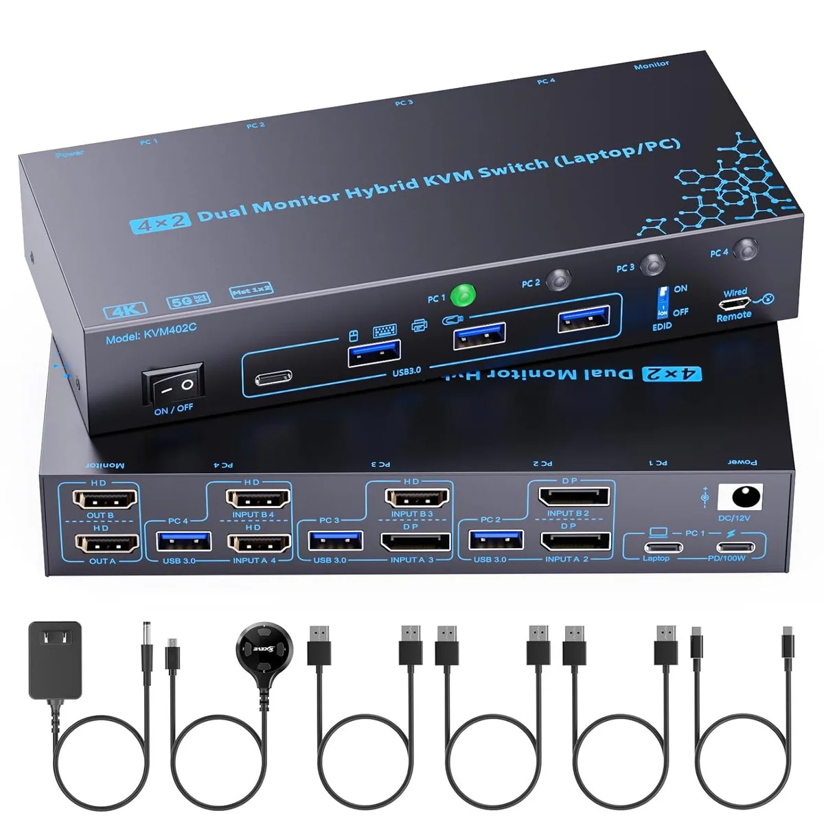 AUTYUE AUTYUE 402C Dual Monitor 4-Port KVM Switch 4K@60Hz 100W PD — product photo