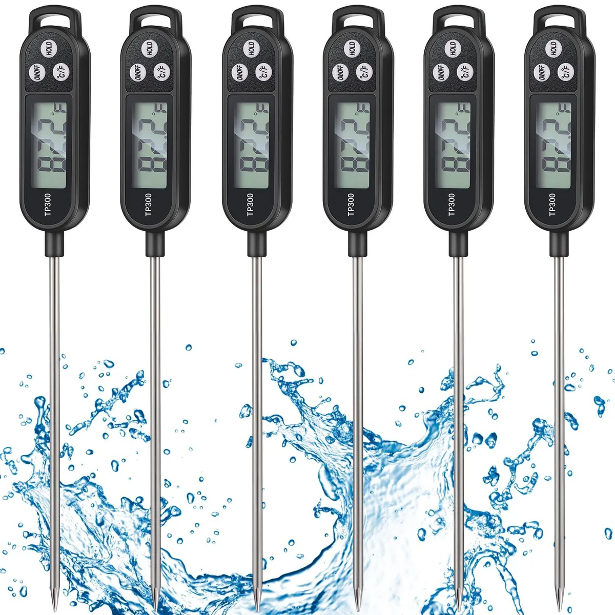 Six black digital thermometers with long thin probes, each 9.65 by .98 inches