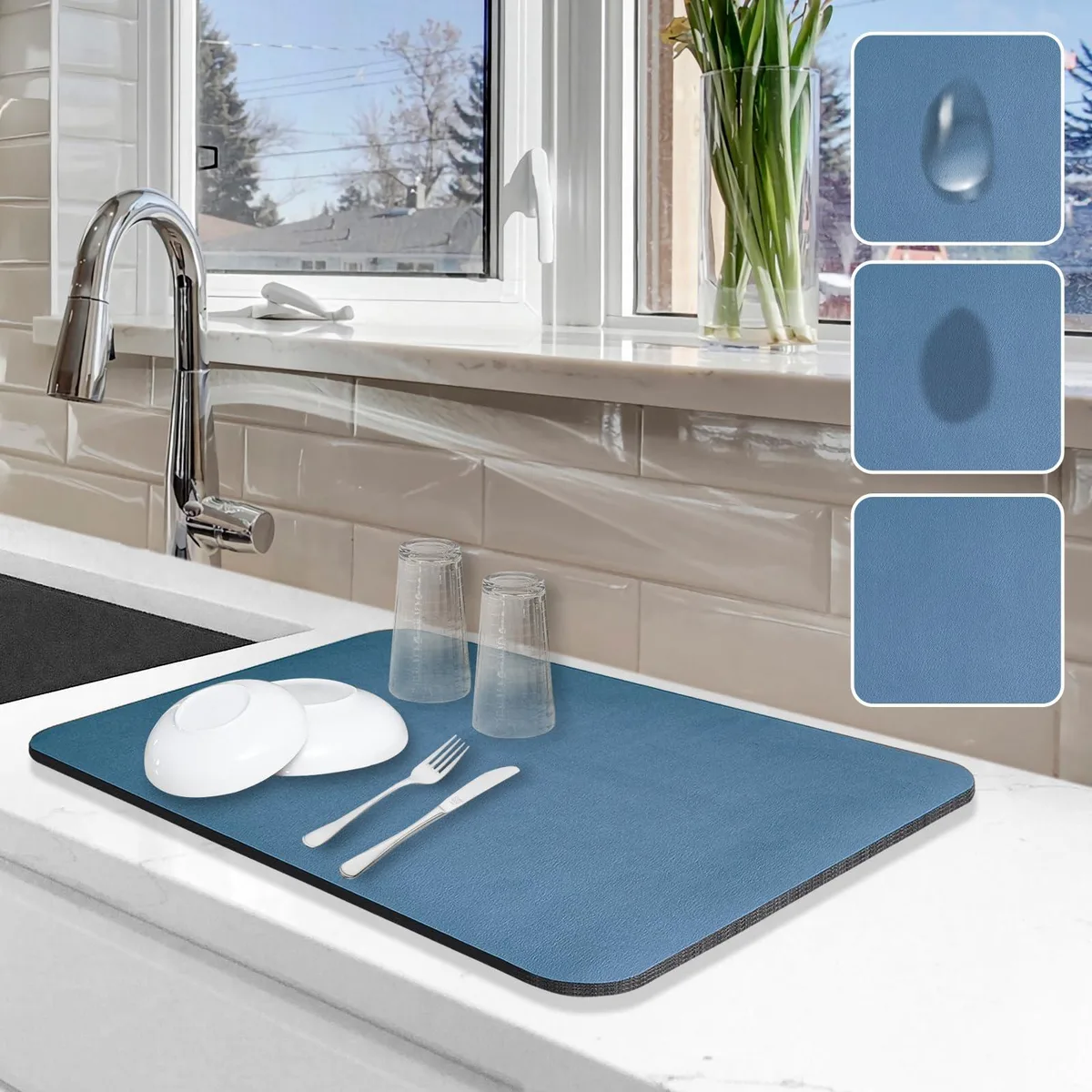 Rectangular blue microfibre drying mat with rubber backing, 12 by 19 inches
