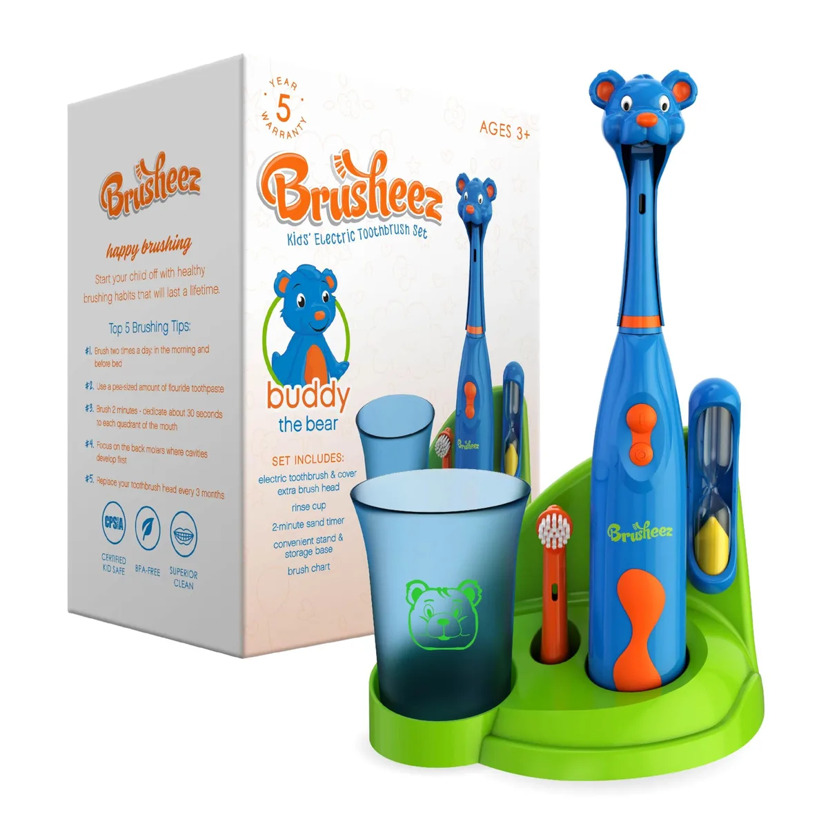 Blue bear-shaped electric toothbrush with brush head cover, rinse cup, sand timer and storage base