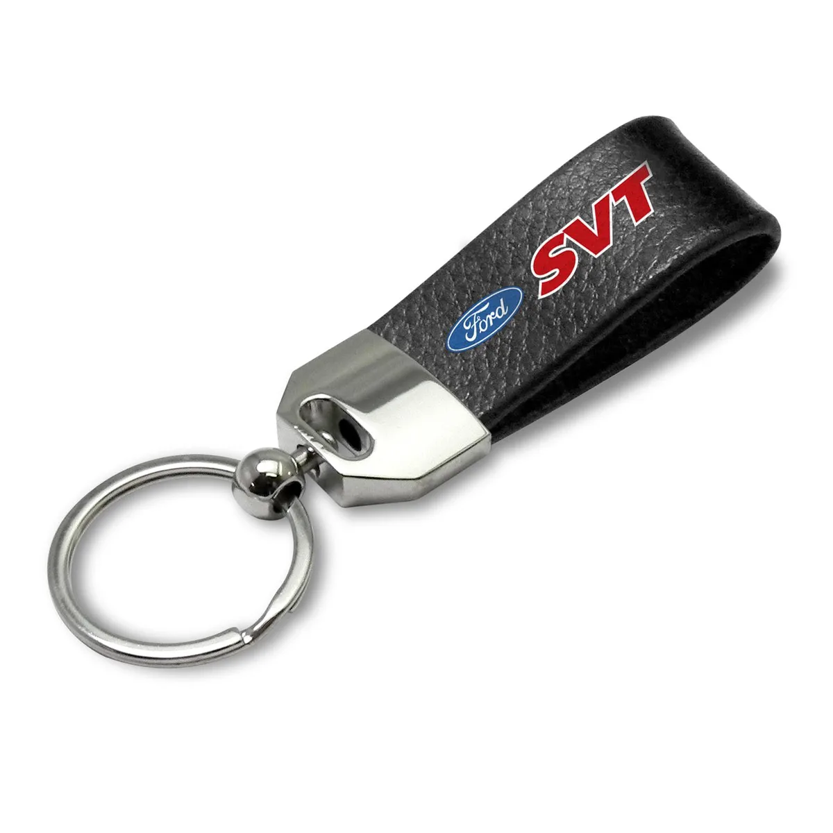 Black leather loop strap key chain with chrome metal block and Ford SVT logo