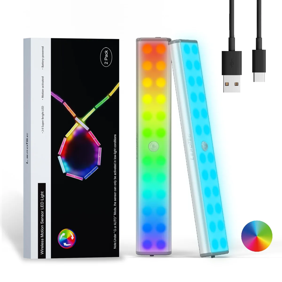 Two silver aluminium LED bars, each 10.2 inches long with 24 RGB LEDs, magnetic mounting, USB rechargeable