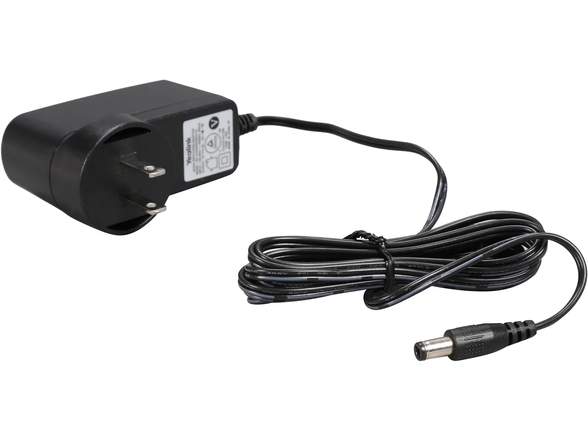 Yealink 5V 2A power adapter, black plastic rectangular block with fixed mains prongs and DC barrel cable