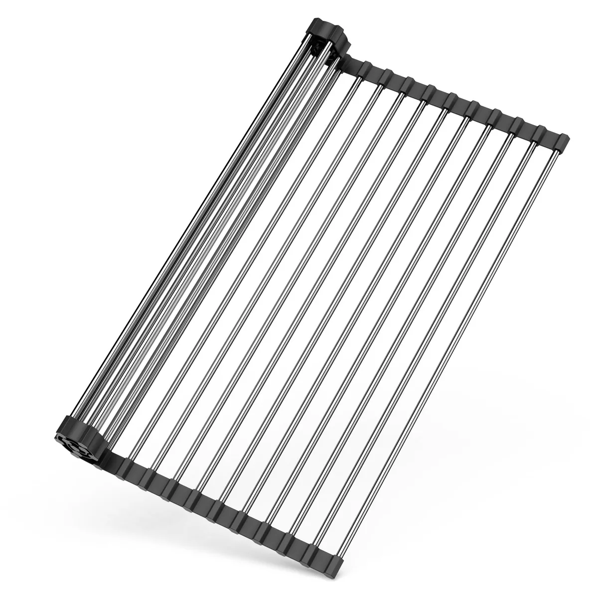 Black roll-up rack with stainless steel rods, 17 by 15.7 inches