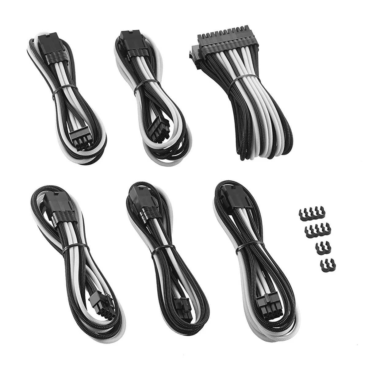 Black and white sleeved cable extension kit with pre-installed combs