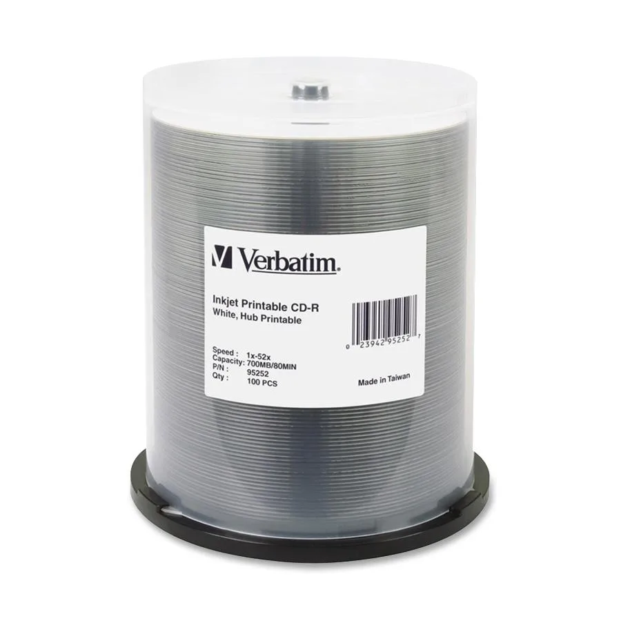 VERBATIM Verbatim 95252 700 MB 52X CD-R White Inkjet Printable 100 Packs blu-ray media — product photo