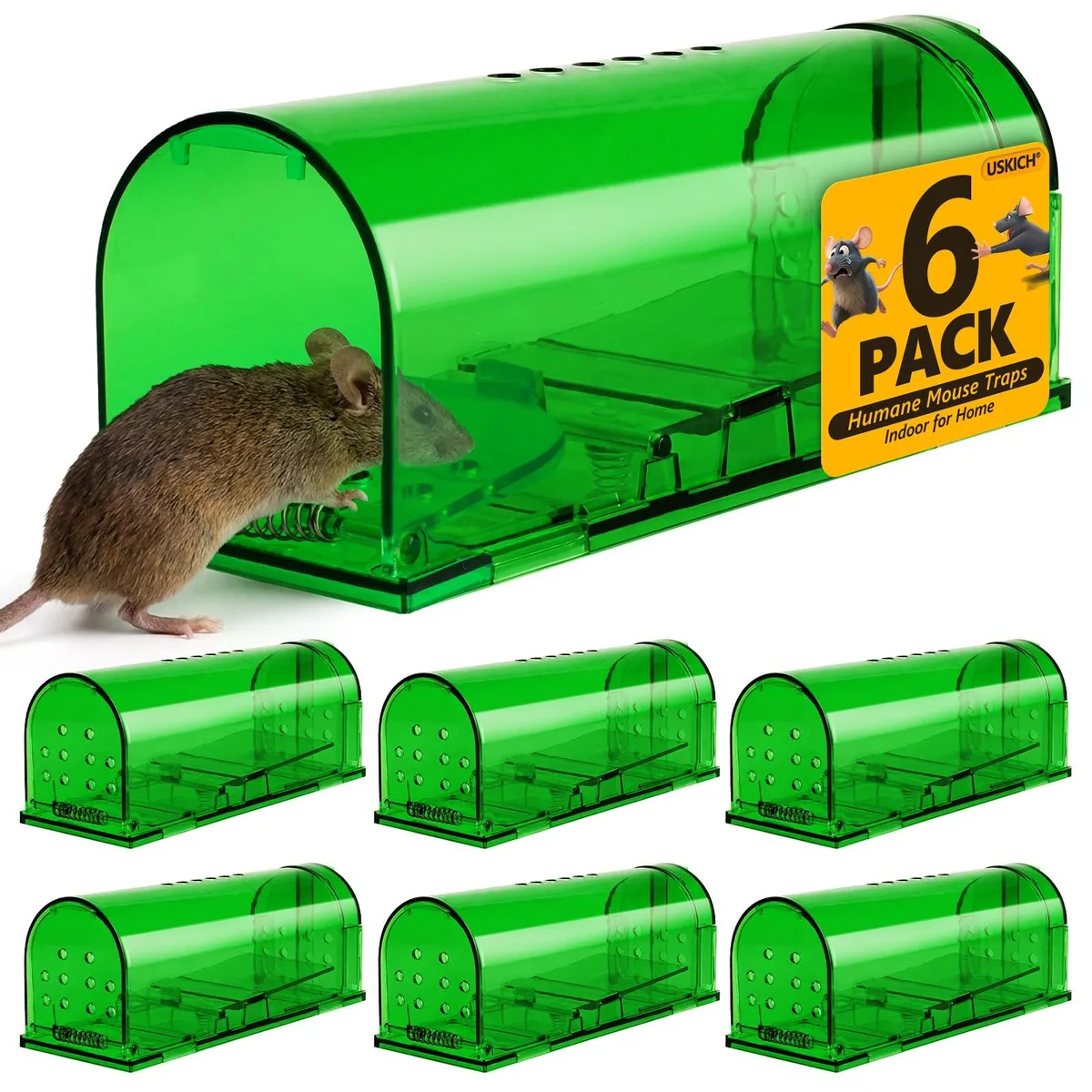 Six small rectangular live-catch cages, light grey plastic with spring doors