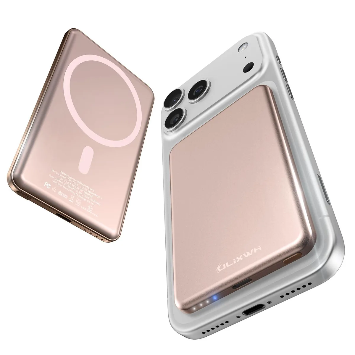  ULiXWH MagS-1 5000mAh 0.3" Ultra Slim Alloy MagSafe power bank Pink — product photo