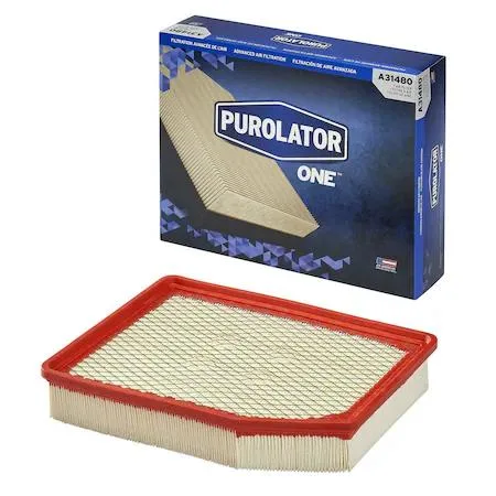 Rectangular white pleated paper air filter with orange frame and black gasket, model A31480
