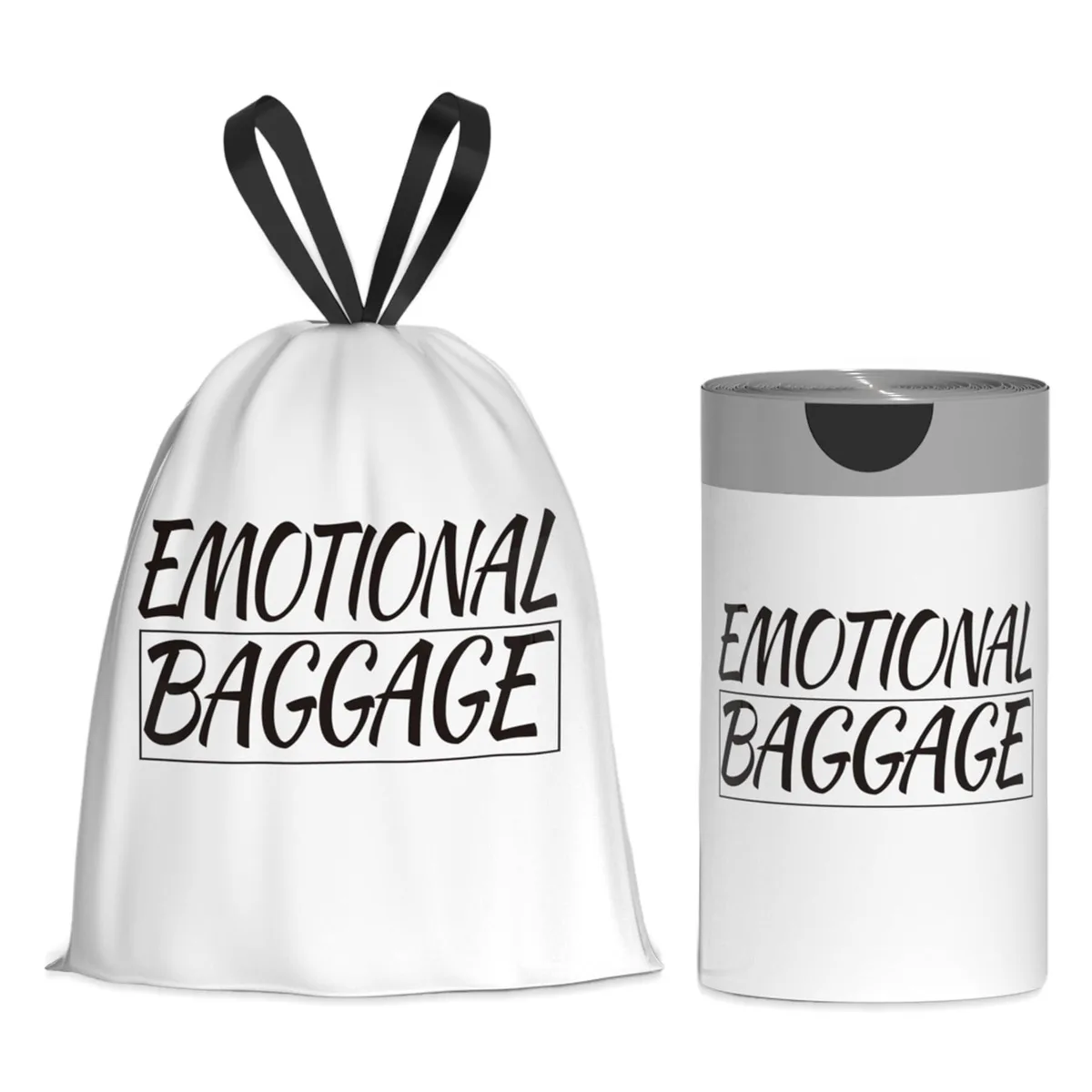 White printed drawstring trash bags, 50 count pack, 4 gallon capacity
