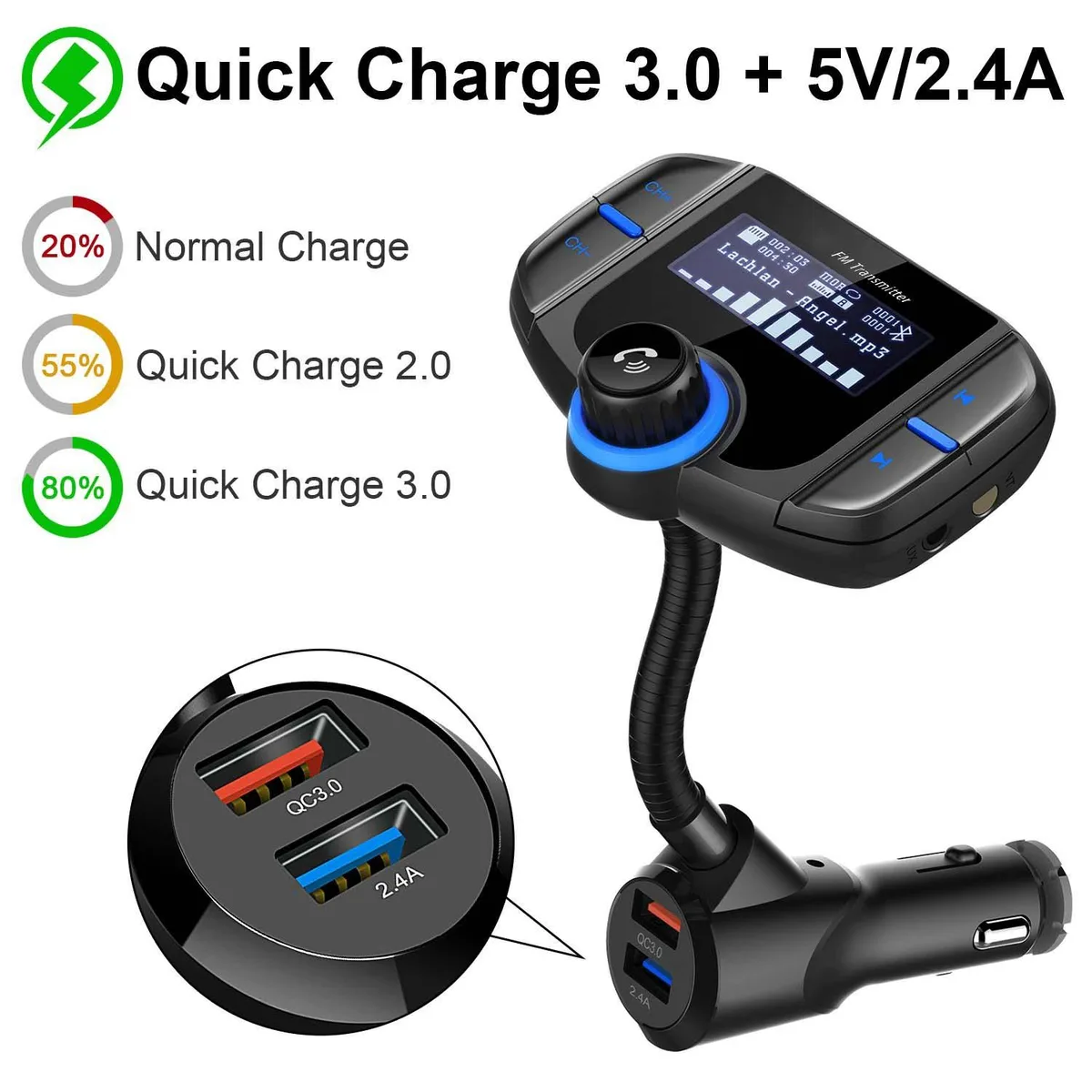 WRIARICH WRIARICH BT70 car electronics accessory 1.7" LCD Bluetooth FM transmitter QC 3.0 dual USB TF card AUX black — product photo