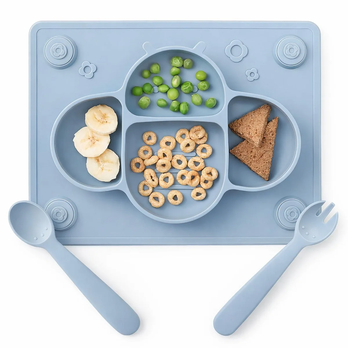 Dusty blue silicone suction plate set with spoon and fork on silver stainless steel handles, 10 by 7.6 by 1.2 inches