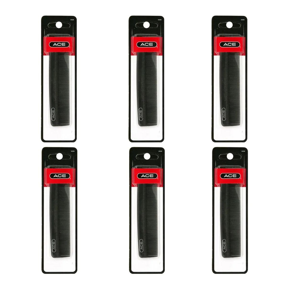 Six black plastic fine-tooth pocket combs side by side