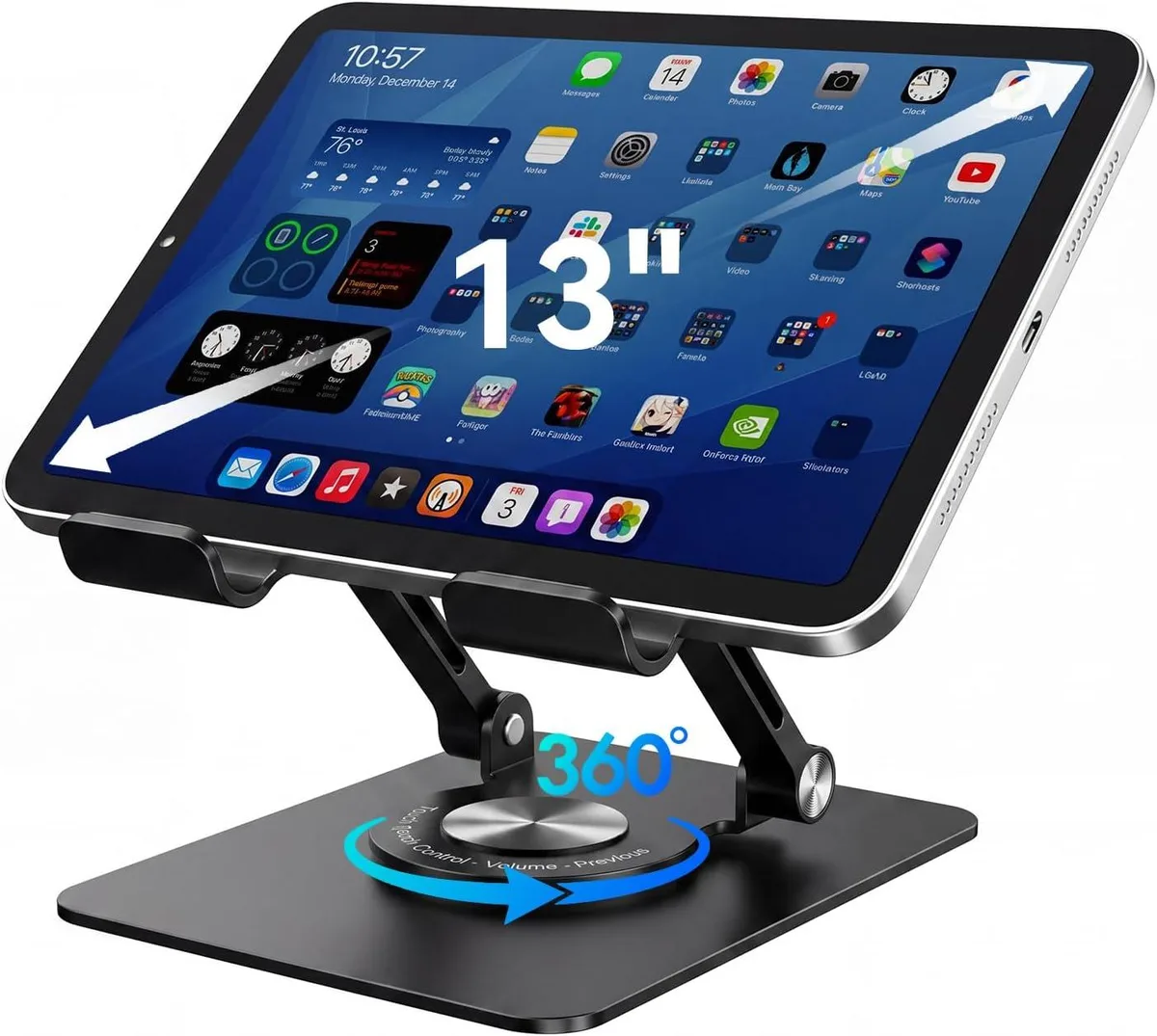 Silver aluminium foldable phone stand with 360° rotating base, 3.6 cm folded height