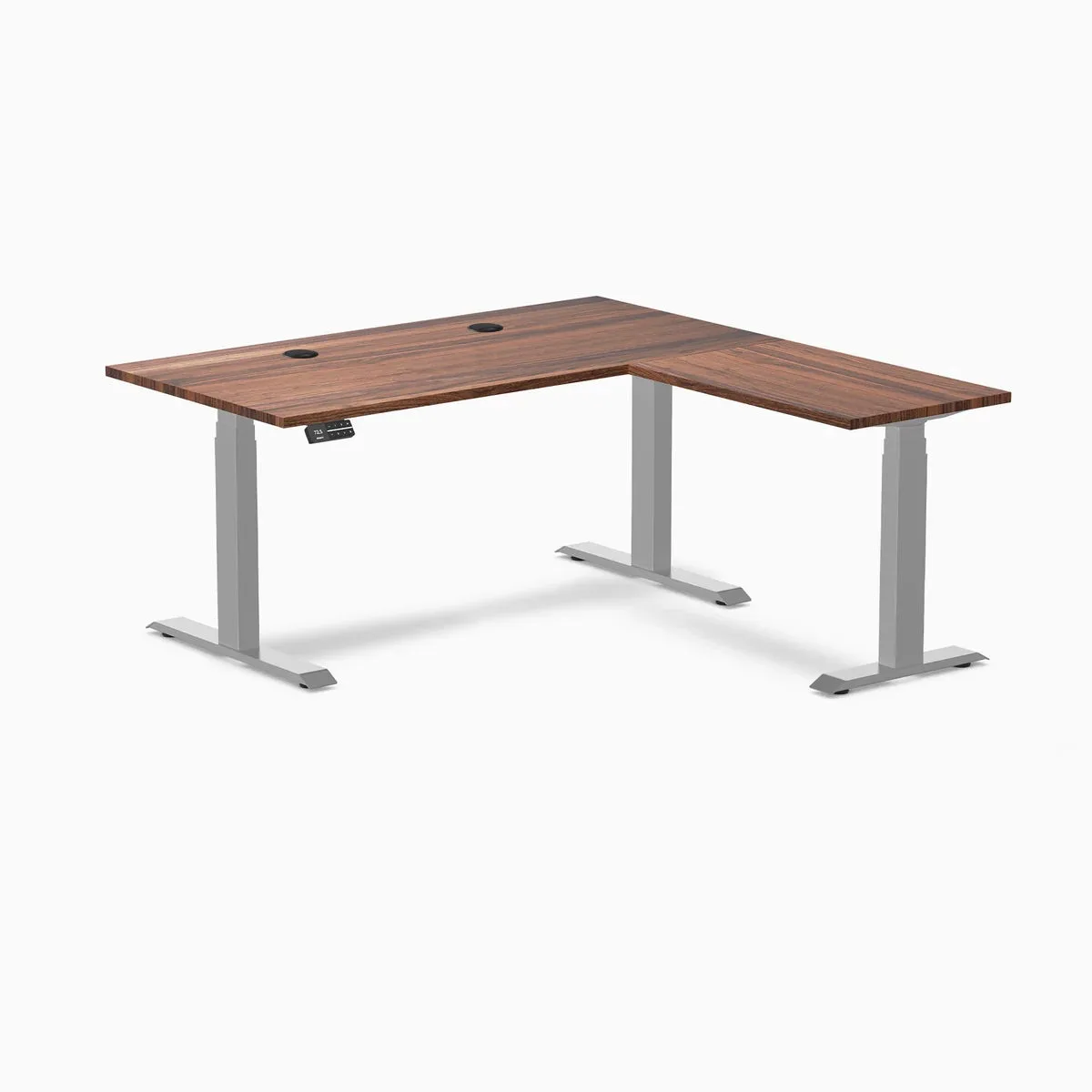 Desky Desky Hardwood L-Shape Sit Stand Desk Walnut Grey 60 x 30 x 62 x 20 in with Grommets — product photo
