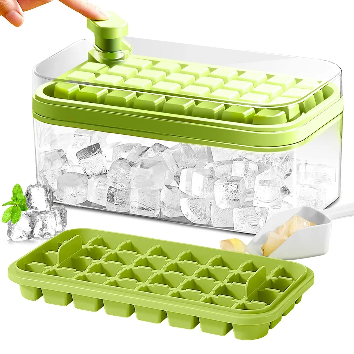 Two black ice cube trays with lids and storage bins, press-button release, 64 small cubes total