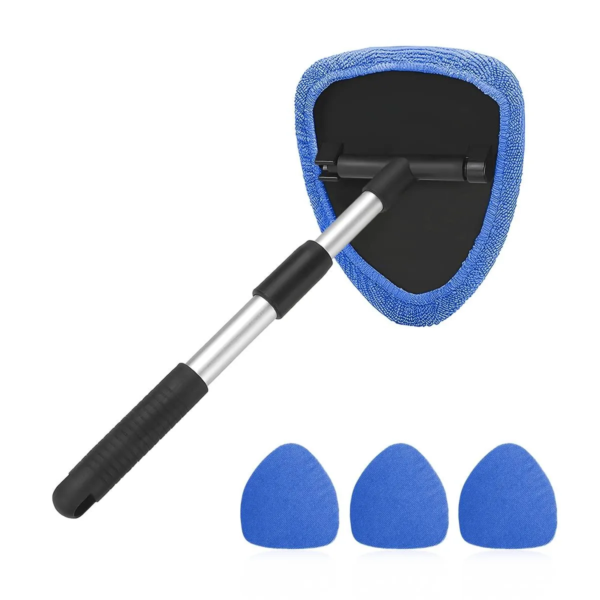 Blue windshield cleaner with extendable handle, rotating head, and four microfiber pads