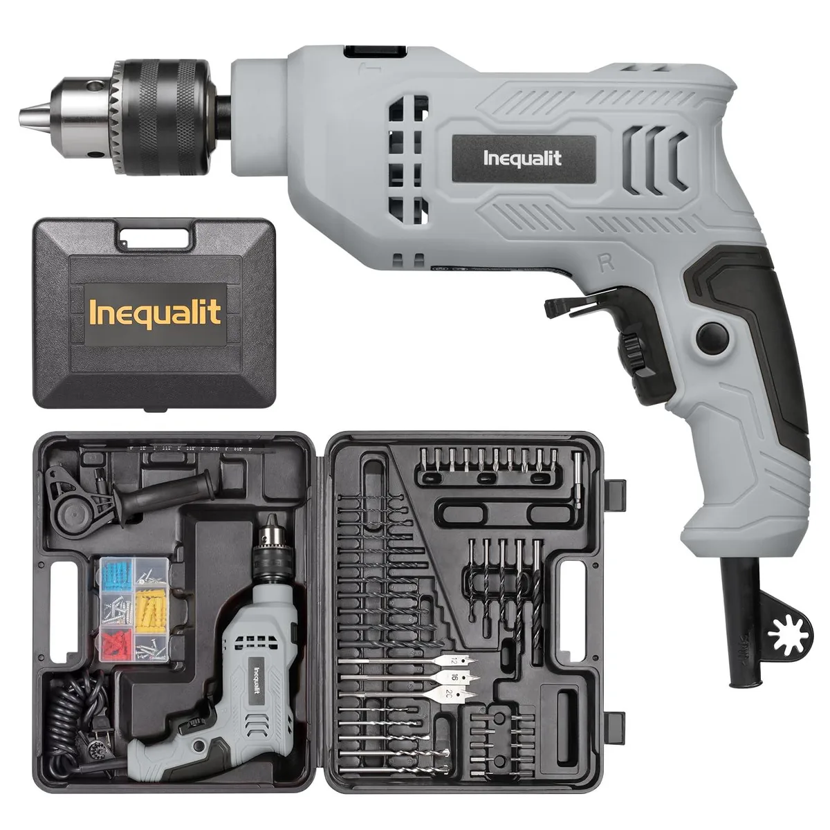 Blue corded hammer drill in black plastic carrying case with accessories