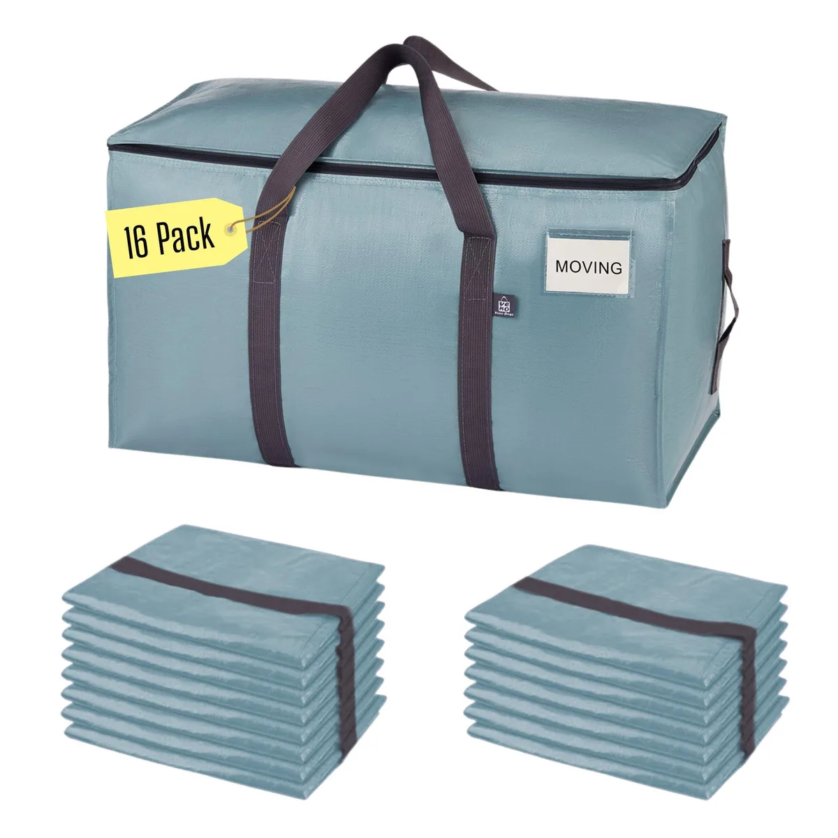 Sixteen light-blue rectangular woven bags with zip tops and wrap handles