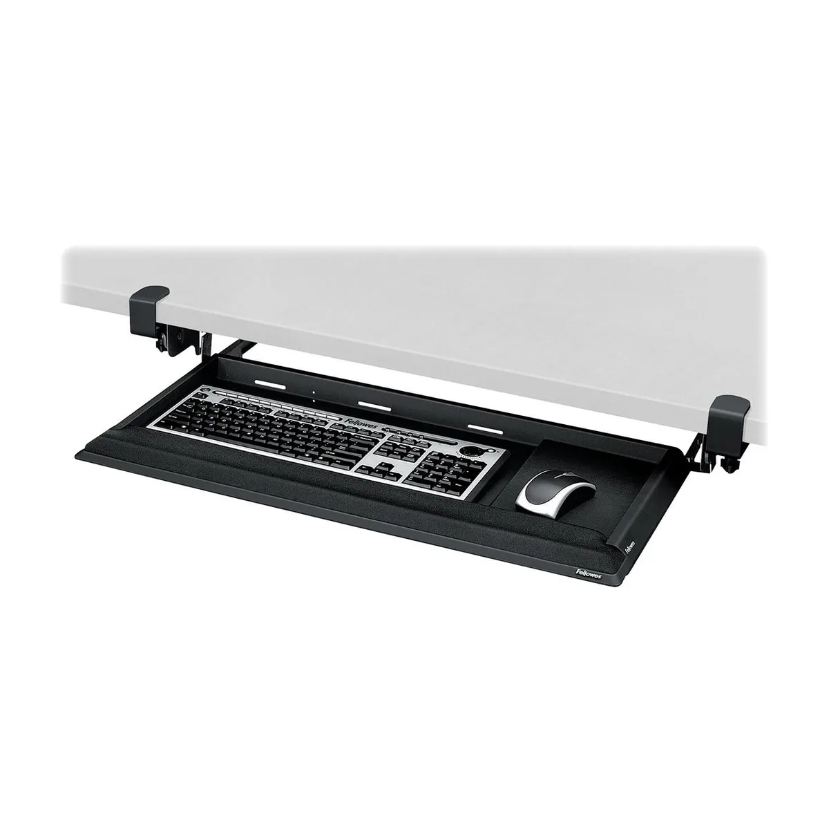 Black Fellowes DeskReady keyboard drawer with adjustable tilt and memory foam wrist rest
