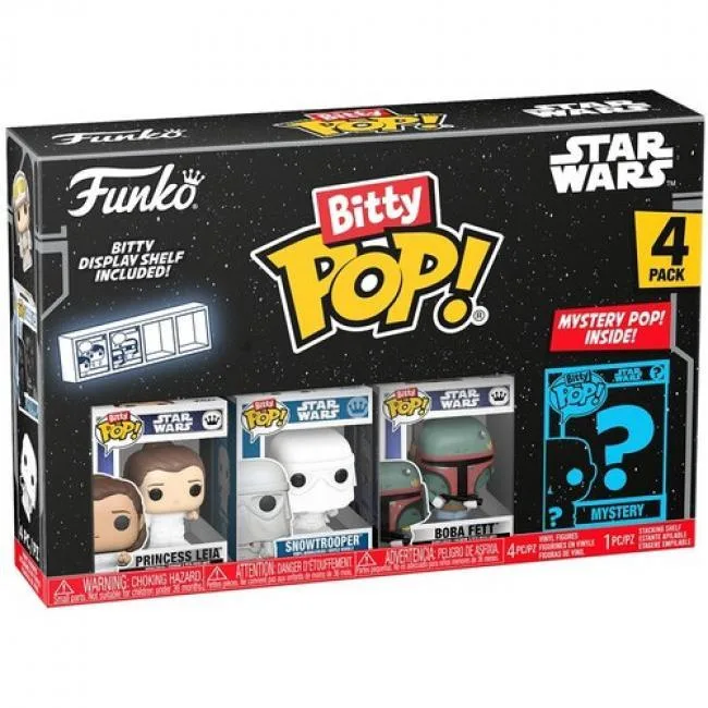 Four tiny vinyl Star Wars figures in clear acrylic cases, multicolour, about .9 inches tall