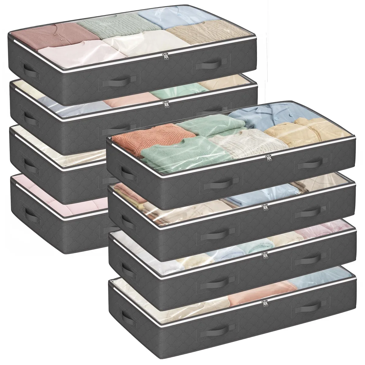 Eight grey fabric storage bags with clear windows and handles, folded flat