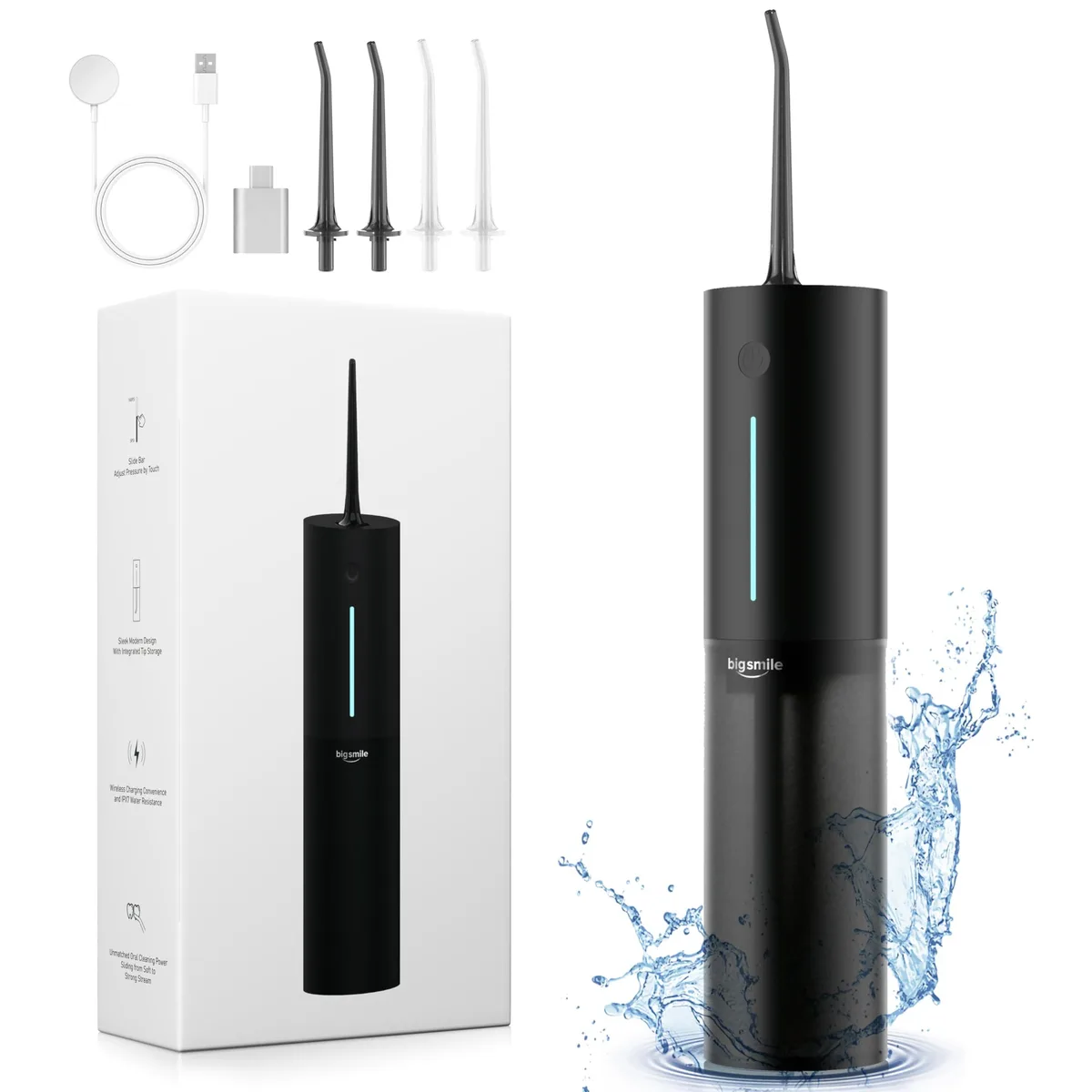 Black cylindrical cordless water flosser with 200 ml reservoir, IPX7 waterproof, magnetic charging cable and four jet tips