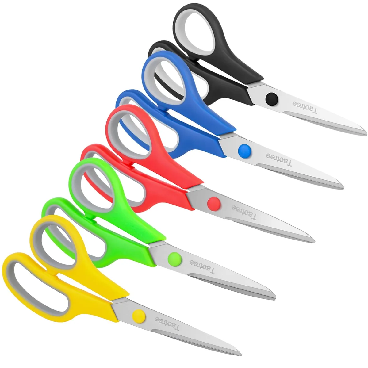 Five 8-inch stainless-steel scissors with assorted soft-grip handles