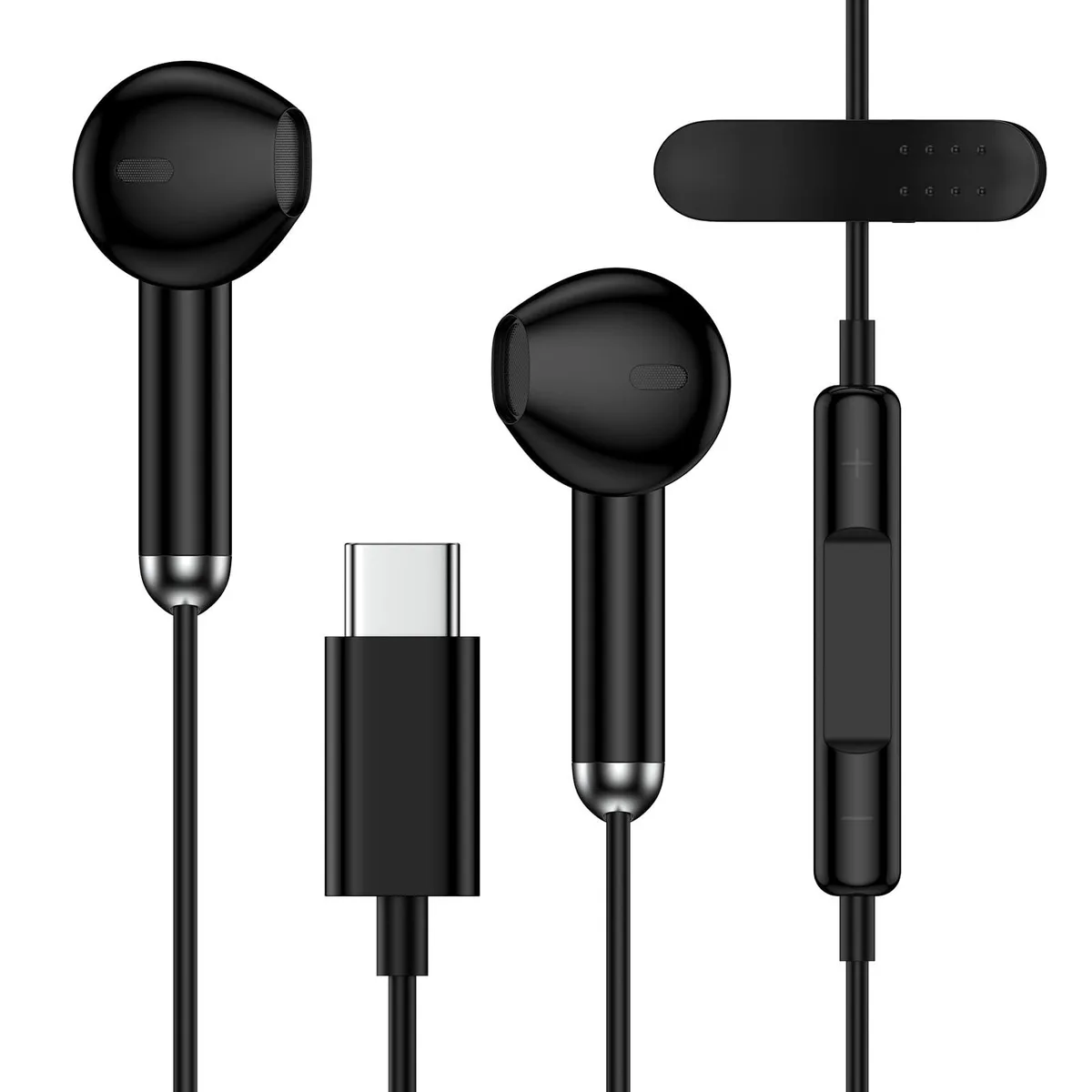 Black wired USB-C earbuds with inline remote and microphone