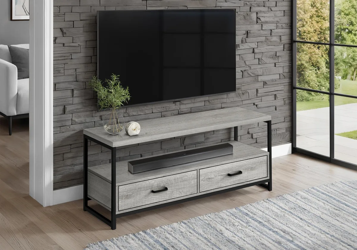 tuphen tuphen 48 Inch TV Stand Grey Laminate Black Metal 2 Drawers — product photo