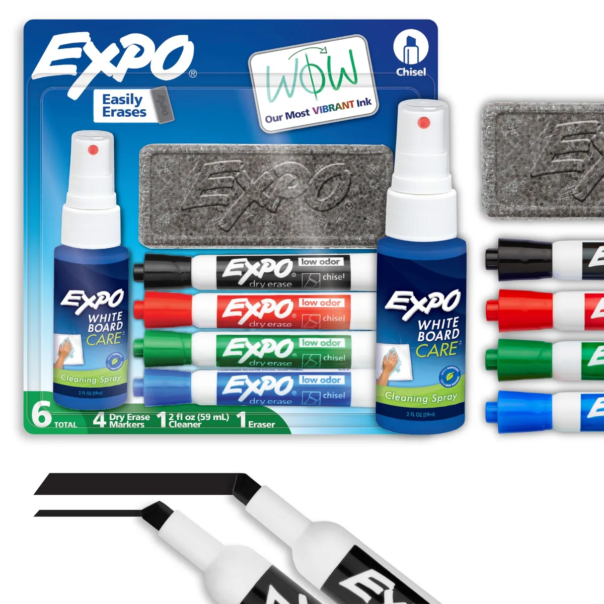 EXPO dry erase marker kit with four chisel tip markers, eraser and spray cleaner