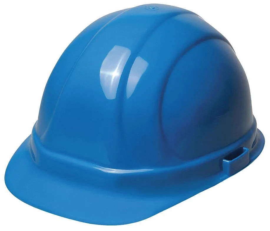 Blue polyethylene hard hat with front brim and six-point ratchet suspension