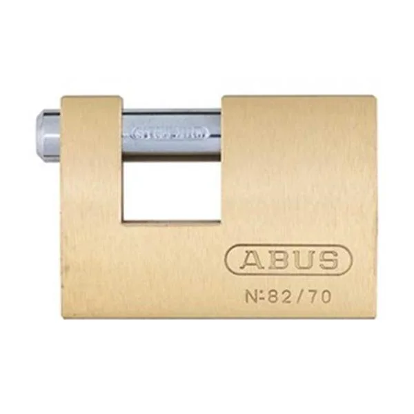 Solid brass U-shaped padlock with steel shutter shackle, brass finish