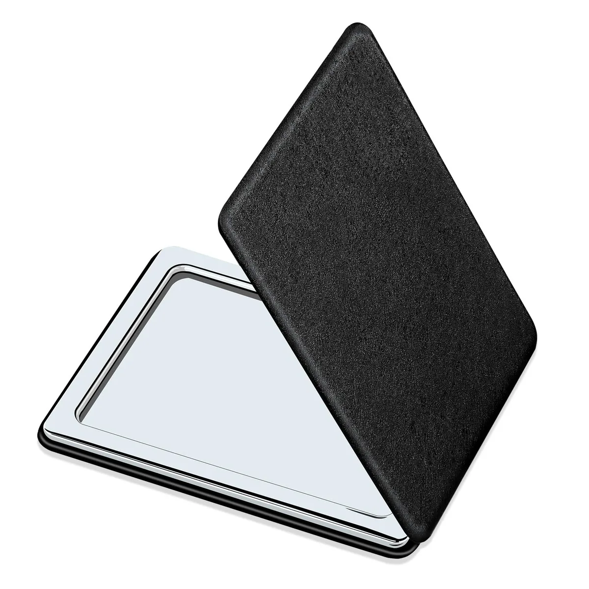 Black rectangular pocket mirror with polished metal frame and magnetic fold-open design