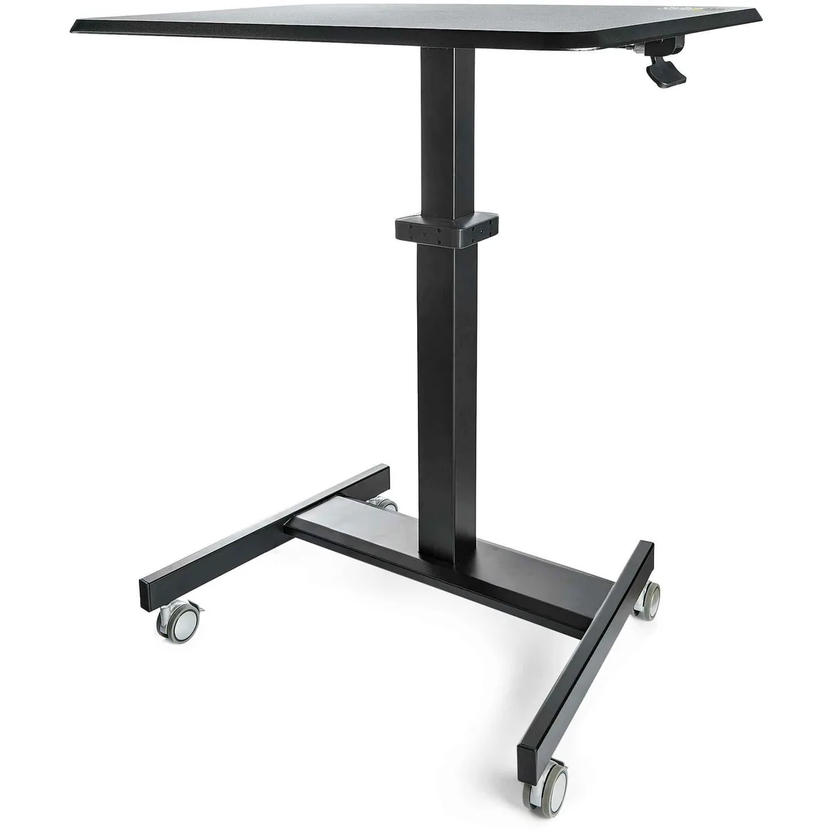 StarTech mobile standing desk on wheels, silver frame, laptop platform