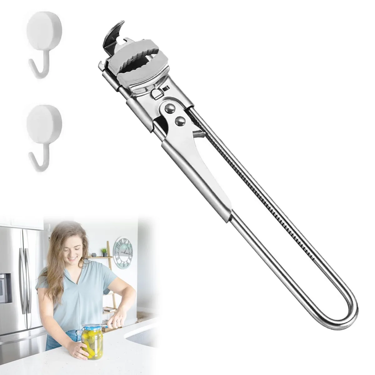 Stainless steel adjustable jar and bottle opener with ergonomic handles