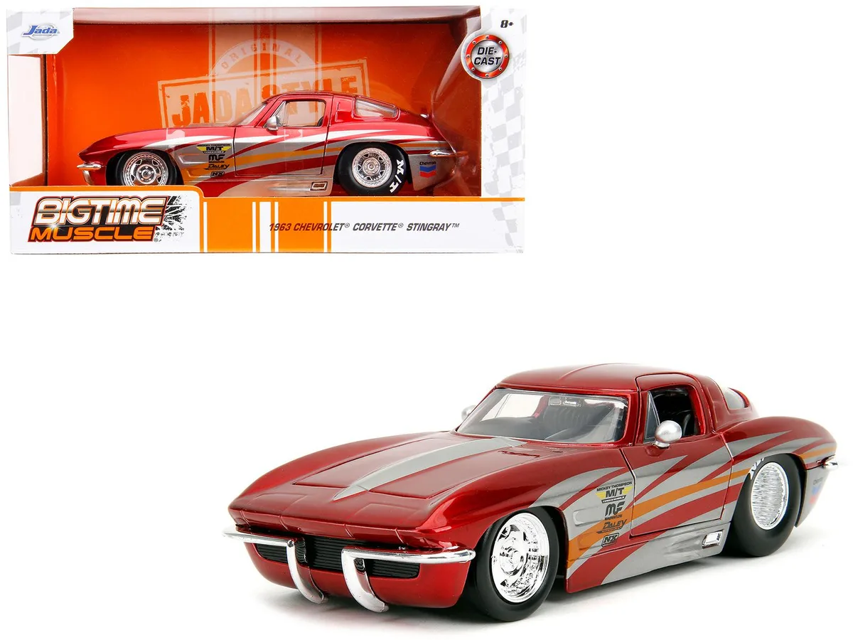 Jada Jada 1963 Chevrolet Corvette Stingray Red Metallic Silver Graphics Bigtime Muscle 1/24 Diecast Car — product photo
