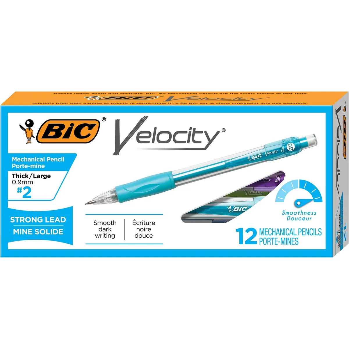 Twelve colourful plastic mechanical pencils with .9 mm lead and click erasers in a pack