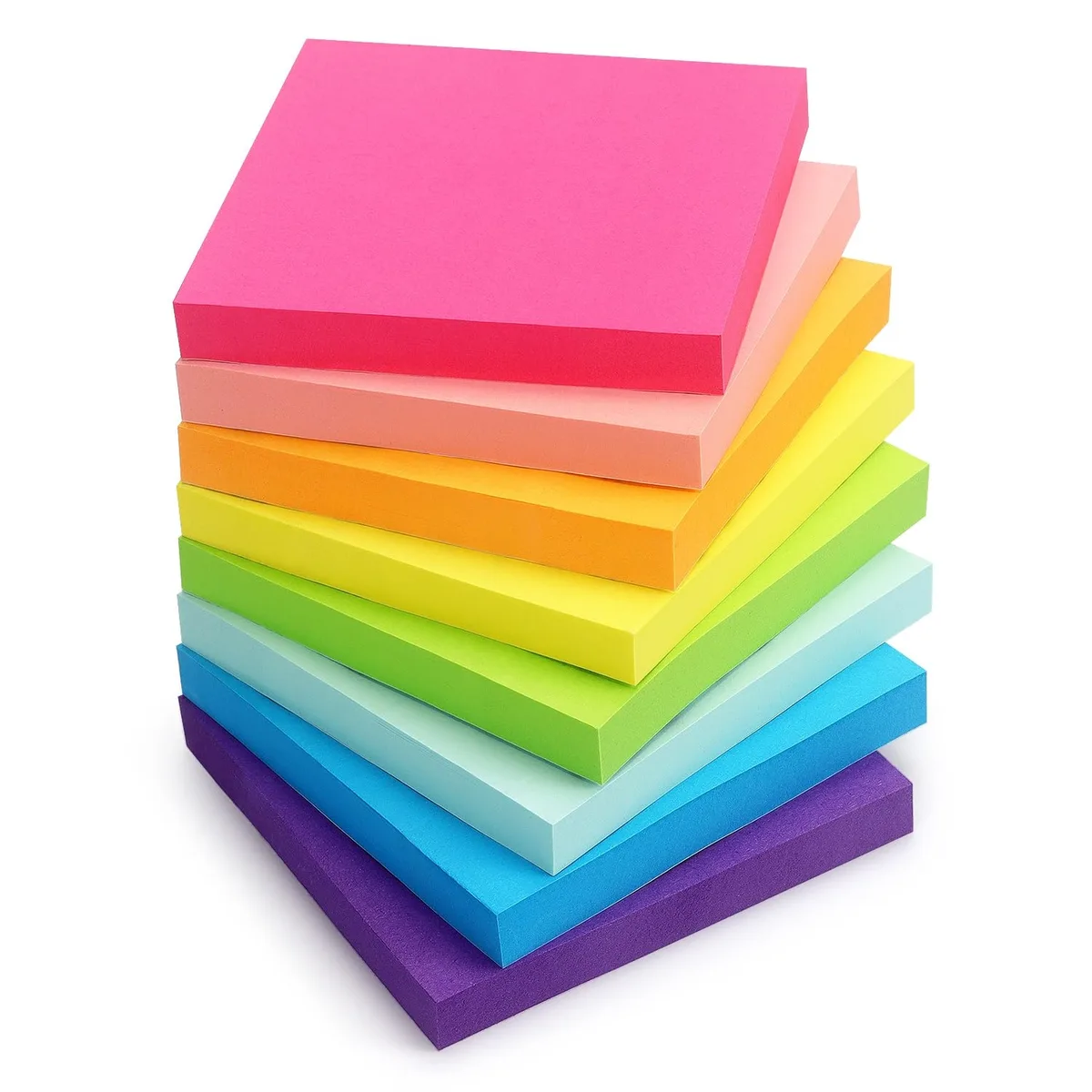 Eight square pads of bright multi-colour sticky notes in a rectangular pack
