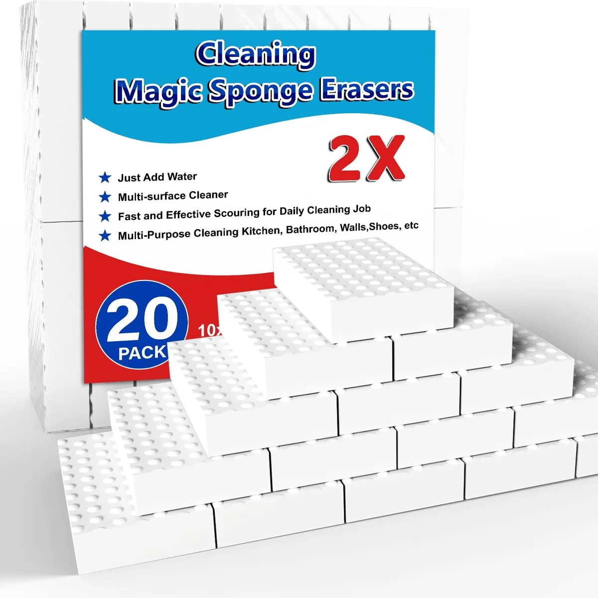 Twenty white rectangular melamine foam blocks stacked together