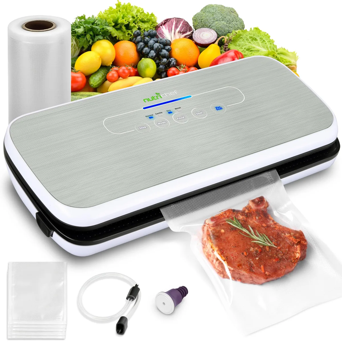 Silver rectangular vacuum sealer with LED touch panel, compact ABS body, hose and bag roll included